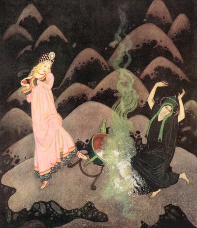 "Met een gil rende de prinses naar voren, en voordat haar gemene zus haar kon tegenhouden, had ze de ketel met een crash omgestoten", illustratie uit het Russische sprookje De Vuurvogel, uit Edmund Dulac