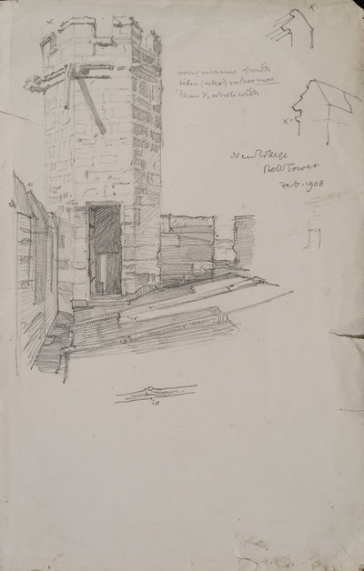 Schets van de klokkentoren van New College, met loden dak, 1908 potlood op papier (detail) door Edmund Hort New