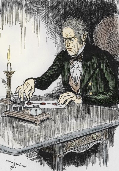 Dr. Jekyll sluit de brief waarin hij bekent Mr. Hyde de moordenaar te zijn door Edmund Joseph Sullivan