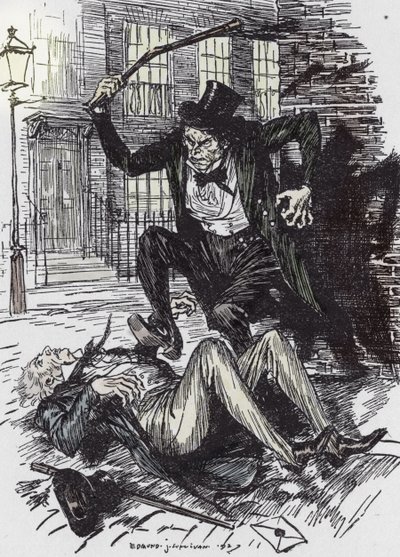 Mr Hyde vermoordt Sir Danvers Carew, Illustratie door Edmund Joseph Sullivan (1869-1933) voor de roman 