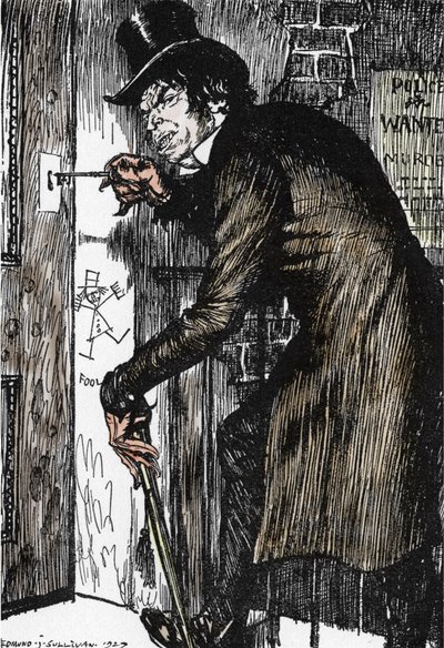 Mr Hyde keert na een nacht vol avonturen terug naar huis om het tegengif te nemen en weer de verschijning van Dr Jekyll aan te nemen, illustratie door Edmund Joseph Sullivan voor de roman 