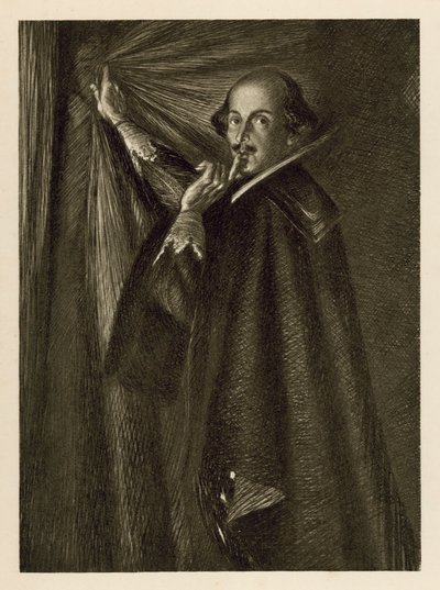 William Shakespeare houdt het gordijn vast en zegt ons stil te zijn door Edmund Joseph Sullivan
