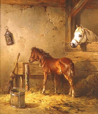 Merrie en veulen in een stal door Edmund Mahlknecht