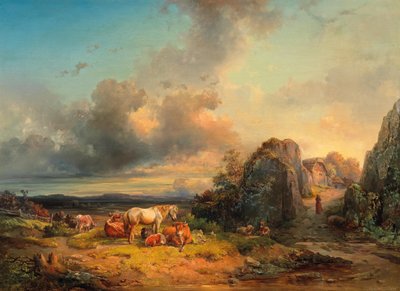 Kudde dieren en figuurlijke stafage voor een weids landschap door Edmund Mahlknecht