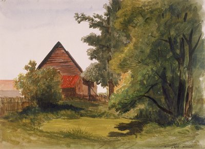 Zicht op Hampstead met een schuur links, Hampstead, Camden, Londen, 1842 door Edmund Marks