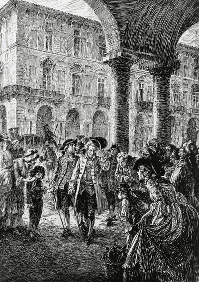 Ontmoeting onder de arcades van Turijn, illustratie voor De storm, Satet, Turijn door Edoardo Calandra