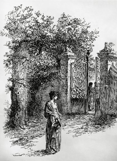 Vrouw voor een poort, illustratie voor De storm, Satet, Turijn door Edoardo Calandra