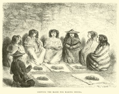 Het kauwen van maïs voor het maken van Chicha (gravure) door Edouard (after) Riou