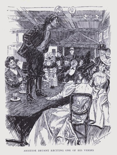 Boheems Parijs: Aristide Bruant draagt een van zijn verzen voor (litho) door Edouard Alfred (1875 1954) Cucuel