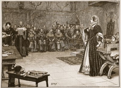 Proces van Mary Queen of Scots in Fotheringhay Castle, illustratie uit 