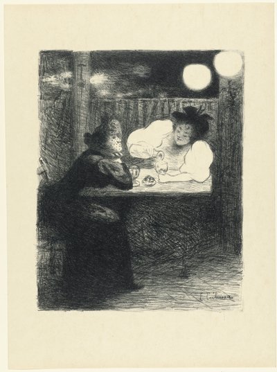 Twee vrouwen drinken absint aan tafel in café door Edouard Crébassa