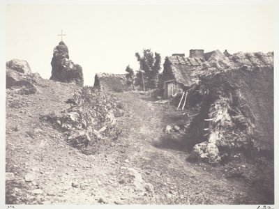 Rieten huisjes in de Auvergne, met een cavalerie door Edouard Denis Baldus
