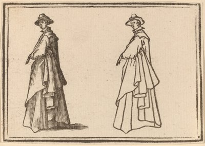 Staande vrouw in een grote jas door Edouard Eckman after Jacques Callot