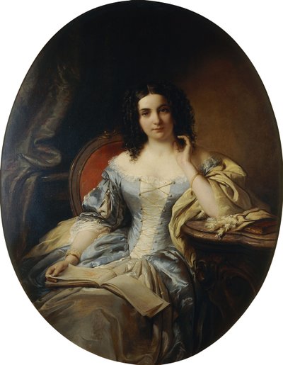Portret van een Zittende Dame in een Blauw en Wit Jurk, 1853 door Edouard Ender