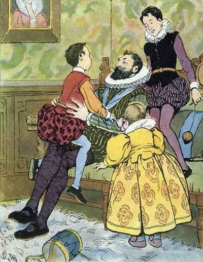 Koning van Frankrijk Henri IV spelend met zijn kinderen (1553-1610) Illustratie door Edouard Zier in “Nos-Gloriers-Nationales” 1920 Privécollectie door Edouard Francois Zier