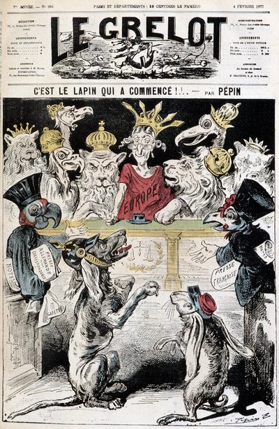 Het konijn is begonnen! - Cartoon over het Frans-Duitse conflict, een hond met een Pruisische helm beschuldigt een konijn met een Franse legerpet, voor een rechtbank onder leiding van Europa met roofvogels en kronen - Illustratie door Edouard Pepin door Edouard Guillaumin Pepin
