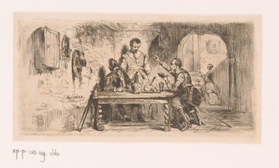 Drie soldaten aan een tafel op een binnenplaats, een van hen leest voor uit een boek door Edouard Hamman