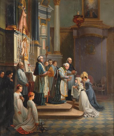 Bezoek van de Hertogin van Berry aan de Kerk van Notre Dame de Liesse in april 1819 door Édouard Henri Théophile Pingret