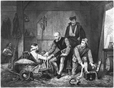 Ambroise Pare behandelt gewonde soldaten door Edouard Jean Conrad Hamman