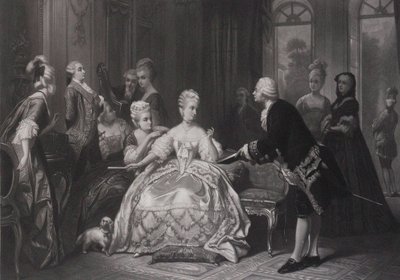 Christoph Willibald Gluck overhandigt Koningin Marie Antoinette de partituur van de opera..., in Trianon door Edouard Jean Conrad Hamman