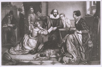 Shakespeare met zijn familie, in Stratford, reciteert de tragedie Hamlet door Edouard Jean Conrad Hamman