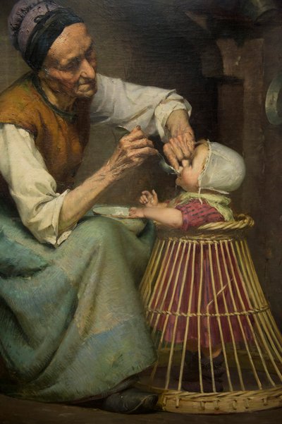 Een oude vrouw voedt haar kleindochter in een rieten babywalker door Edouard Jerome Paupion