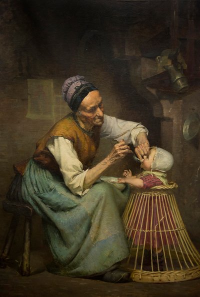 Een oude vrouw voedt haar kleindochter in een rieten babywalker door Edouard Jerome Paupion