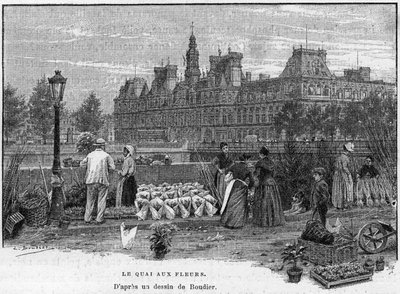 Parijse scène in de 19e eeuw: bloemenverkopers op de bloemenkade van het Ile de la Cite. Op de achtergrond het stadhuis van Parijs. Gravure eind 19e eeuw naar een tekening van Boudier in 