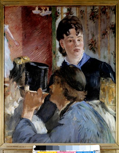 Een jonge vrouw serveert bier aan elegante en populaire gasten door Édouard Manet