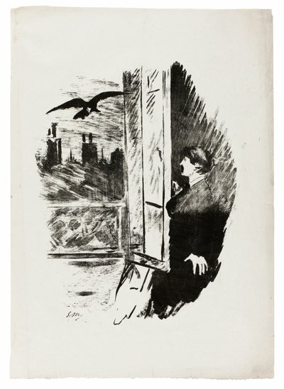 Bij het raam ("Hier gooide ik de luiken open..."), uit De Raaf (Le Corbeau) door Édouard Manet