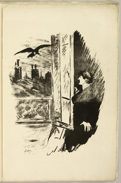 Bij het Raam ("Hier gooide ik de luiken open..."), uit De Raaf (Le Corbeau) door Édouard Manet