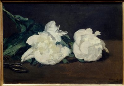 Tak van witte pioenen en snoeischaar door Édouard Manet