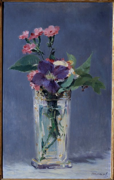 Anjers en clematissen in een kristallen vaas door Édouard Manet