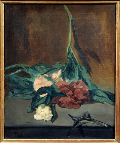 Pioenrozen stengel en snoeischaar door Édouard Manet