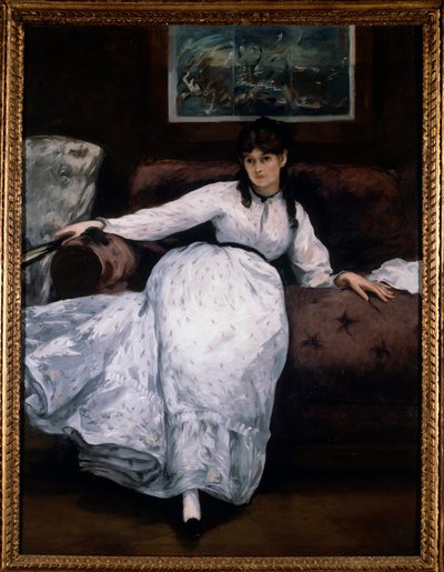 De Rust (Portret van de vrouwelijke schilder Berthe Morisot op een bank) door Édouard Manet