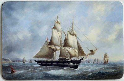 Een Braziliaanse brick die de haven van Le Havre verlaat door Edouard Marie Adam