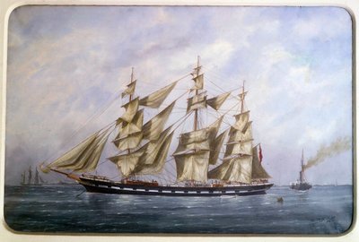 De Rossdhu, drie Engelse matrozen met droog zeilen door Edouard Marie Adam