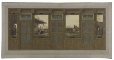 Schets voor het stadhuis van het 20e arrondissement: De huishoudelijke zorg, het onderwijs, het werk, de opvoeding, in 1884 door Edouard Michel Lancon