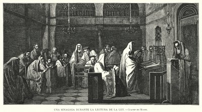 Synagoge tijdens een Torah-lezing door Edouard Moyse