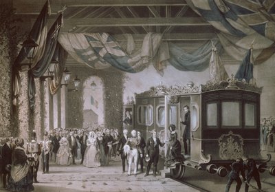 Koningin Victoria en Prins Albert arriveren op Gosport Station, Hampshire, gegraveerd door Bayot & Cuvilier, 1846 door Edouard Pingret