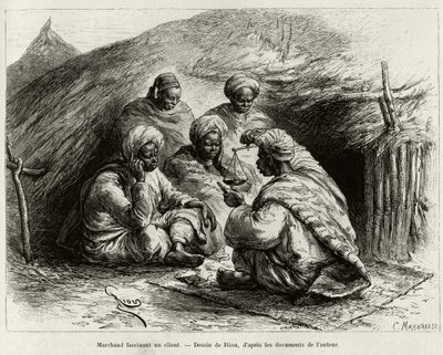 Een koopman die een klant fascineert, zittend op de grond, op een kleine mat, hij maakt het artikel door een weegschaal vast te houden. Gravure door Riou, ter illustratie van het verhaal 