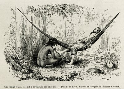 Een jonge Roucouyan vrouw verwijdert de splinters die de voeten van de ontdekkingsreiziger tijdens de nacht hebben doorboord. Gravure door Riou, ter illustratie van het verhaal van Cayenne aux Andes, door Jules Crevaux, arts van de Franse marine, in 1878-1 door Edouard Riou