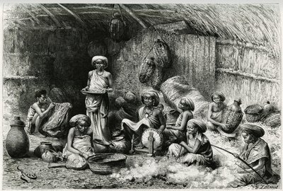 Een middag bij de favoriet van de sjeik van de Gobrons, vrouwenactiviteiten: borduren en wol spinnen, vlechten en pottenbakken. Gravure door Riou, ter illustratie van het verhaal 