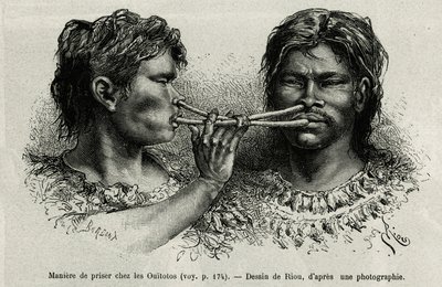 Een instrument gemaakt van vogelbot en een manier van snuiven onder de Indianen ouitotos (uitoto), blazend in koor, sturen ze tegelijkertijd de vangst. Gravure door Riou, ter illustratie van het verhaal van Cayenne aux Andes, door Jules Crevaux, arts van d door Edouard Riou