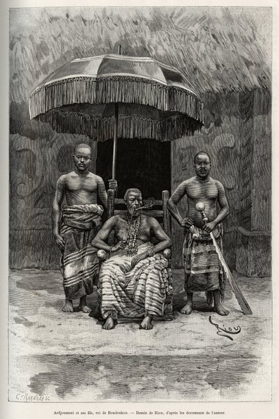 Ardjoumani (overleden 1892) en zijn zonen, koning van Bondoukou (Ivoorkust). Gravure door Riou, ter illustratie van het verhaal 