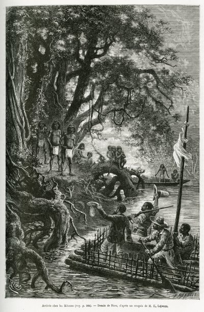 Aankomst van het vlot van Dr. Crevaux en E. Lejeanne, aan de oevers van het dorp Mitouas. Gravure door Riou, ter illustratie van de ontdekkingsreis door Nieuw-Granada en Venezuela, door Dr. Crevaux, arts eerste klas van de marine en E. Lejeanne door Edouard Riou