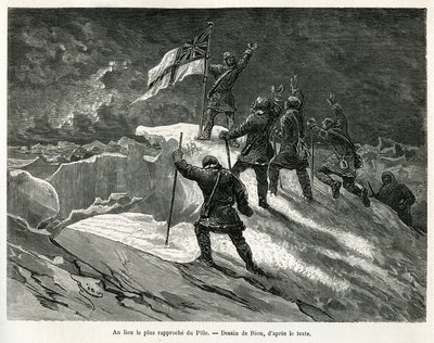 Kapitein George Strong Nares (1831-1915) plantte de Britse vlag op de plaats het dichtst bij de pool, tekening door Riou, ter illustratie van het verhaal van een reis naar de poolzee in 1875-1876, door kapitein G.S. Nares. Gravure in 