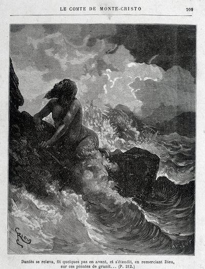 Dantès ontsnapt zwemmend - Gravure door Riou, in 