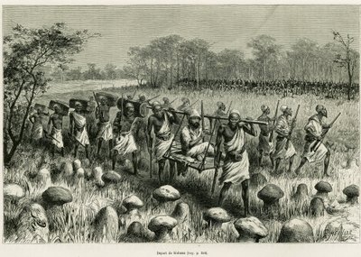Vertrokken uit Kalassa, de verteller reiziger in zijn stoel met dragers. Gravure door Riou ter illustratie van het verhaal Les lacs de l