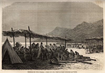 Voedseluitdeling in Keauhou, na de aardbeving en vulkaanuitbarsting van 1868, voor de slachtoffers van de ramp, gravure naar de tekening van E. Riou, ter illustratie van de reis naar de Sandwich-eilanden, in 1855-1869, door C. de Varigny, gepubliceerd in 